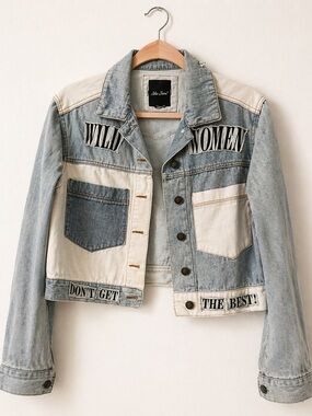 Denim Patchwork 'Wild Women' Denim Jacket - Light Blue/White